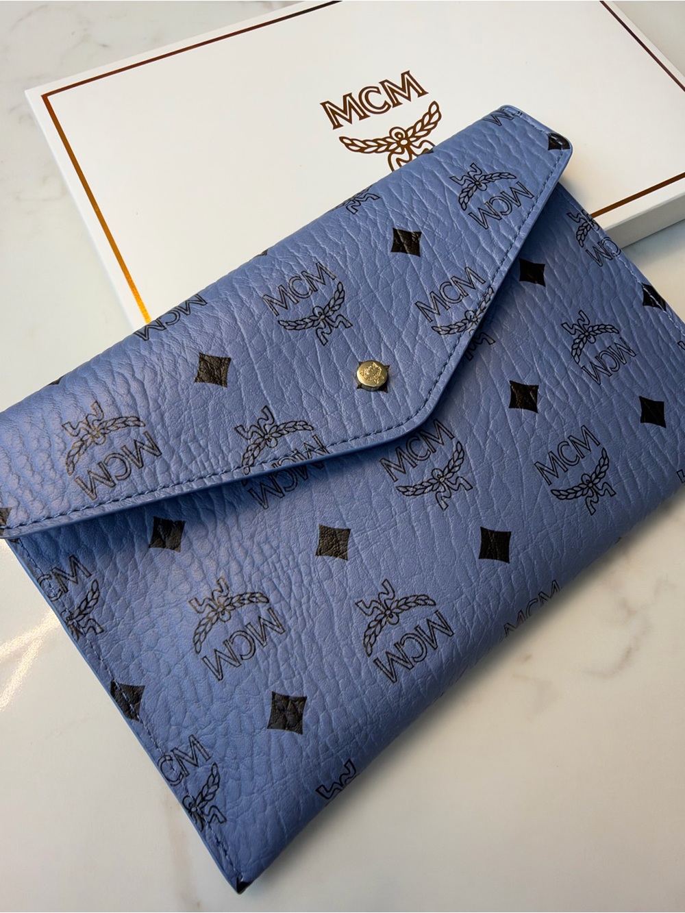 MCM Blue Visetos Envelope Clutch with Black Logo Print